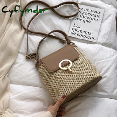 Casual Chains Straw Bucket Bags Women Summer Messenger Bag Rattan Beach Lady Travel Purses And
