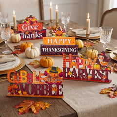 Lanfubeisi 4 Pcs Thanksgiving Wooden Tabletop Signs, Fall Harvest Table Centerpieces Decor with Turkey & "Gobble Til You Wobble" Quotes
