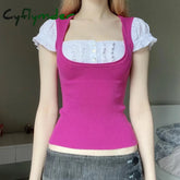 Cyflymder 00S Retro Kawaii Milkmaid Tops Patchwork Puff Short Sleeve Crop Tees Cottage Preppy Y2K