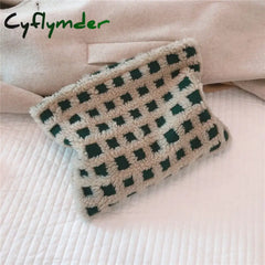 Cyflymder 1 Pc Women Soft Lambswool Cosmetic Bag Large Fur Plaid Makeup Travel Beauty Case Storage