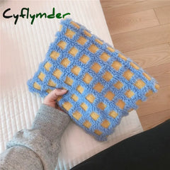 Cyflymder 1 Pc Women Soft Lambswool Cosmetic Bag Large Fur Plaid Makeup Travel Beauty Case Storage