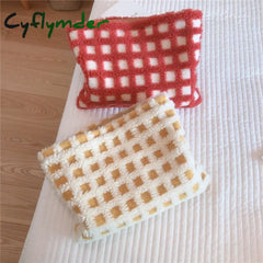 Cyflymder 1 Pc Women Soft Lambswool Cosmetic Bag Large Fur Plaid Makeup Travel Beauty Case Storage