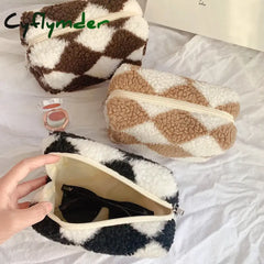 Cyflymder 1 Pc Women Soft Plush Makeup Bag Zipper Checkerboard Cosmetic Lipstick Organizer Travel