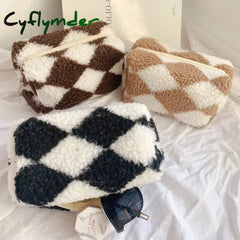 Cyflymder 1 Pc Women Soft Plush Makeup Bag Zipper Checkerboard Cosmetic Lipstick Organizer Travel