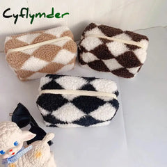 Cyflymder 1 Pc Women Soft Plush Makeup Bag Zipper Checkerboard Cosmetic Lipstick Organizer Travel