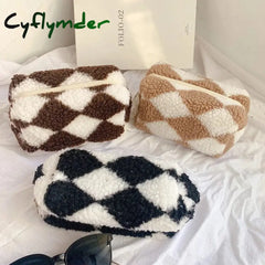 Cyflymder 1 Pc Women Soft Plush Makeup Bag Zipper Checkerboard Cosmetic Lipstick Organizer Travel
