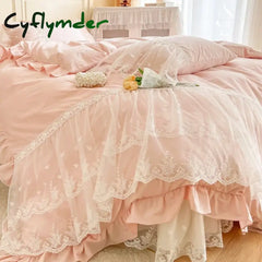 Cyflymder 100% Cotton Romantic French Princess Wedding Bedding Set Lace Ruffles Duvet Cover Lace Bed Sheet Bed Skirt