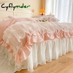 Romantic French Princess Wedding Bedding Set Lace Ruffles Duvet Cover Lace Bed Sheet Bed Skirt Bedspread Pillowcases