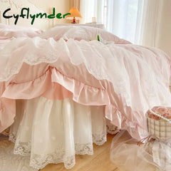 Cyflymder 100% Cotton Romantic French Princess Wedding Bedding Set Lace Ruffles Duvet Cover Lace Bed Sheet Bed Skirt