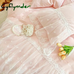 Cyflymder 100% Cotton Romantic French Princess Wedding Bedding Set Lace Ruffles Duvet Cover Lace Bed Sheet Bed Skirt