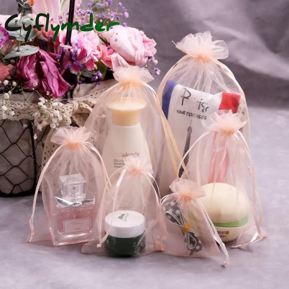Cyflymder 100 Pcs/Lot Champagne Color Drawstring Organza Bag Small Pouches Jewelry Package Bags