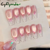 Cyflymder 10pcs Aurora Cat Eye Coffin Handmade Press on Nails Cherry Blossom False Nails Sweet French Tip Nail Art