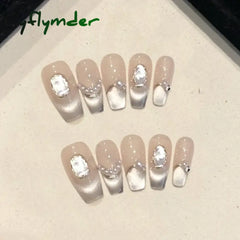 Cyflymder 10pcs Aurora Cat Eye Coffin Handmade Press on Nails Cherry Blossom False Nails Sweet French Tip Nail Art