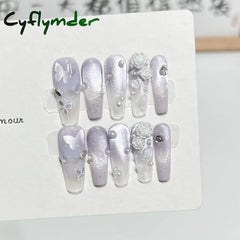 Cyflymder 10pcs Aurora Cat Eye Coffin Handmade Press on Nails Cherry Blossom False Nails Sweet French Tip Nail Art