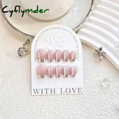 Cyflymder 10Pcs Short Handmade Press On Nails French Cat Eye Design Nail Tips Full Cover False Nail for Women&Girls