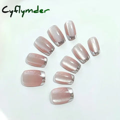 Cyflymder 10Pcs Short Handmade Press On Nails French Cat Eye Design Nail Tips Full Cover False Nail for Women&Girls