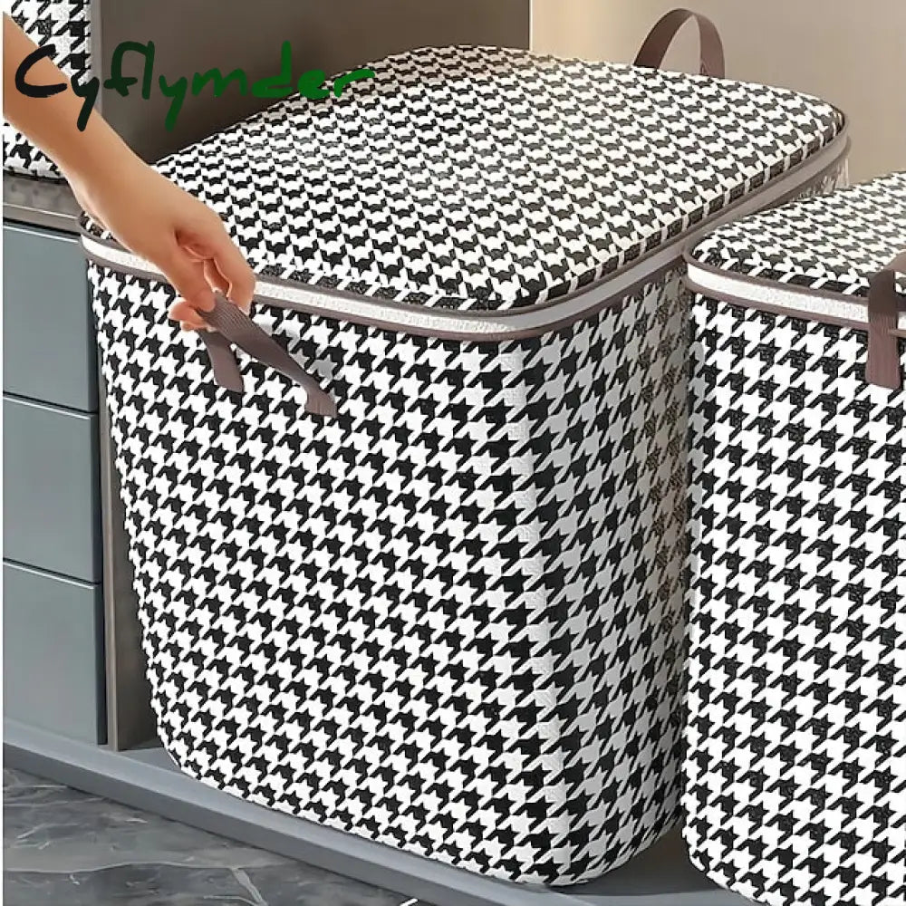 1pc Clothes Storage Bag, Houndstooth Pattern Foldable Fabric Storage Bag, Large Capacity Waterproof Moisture-proof Cotton Quilt Storage Bag, Home Organization And Storage