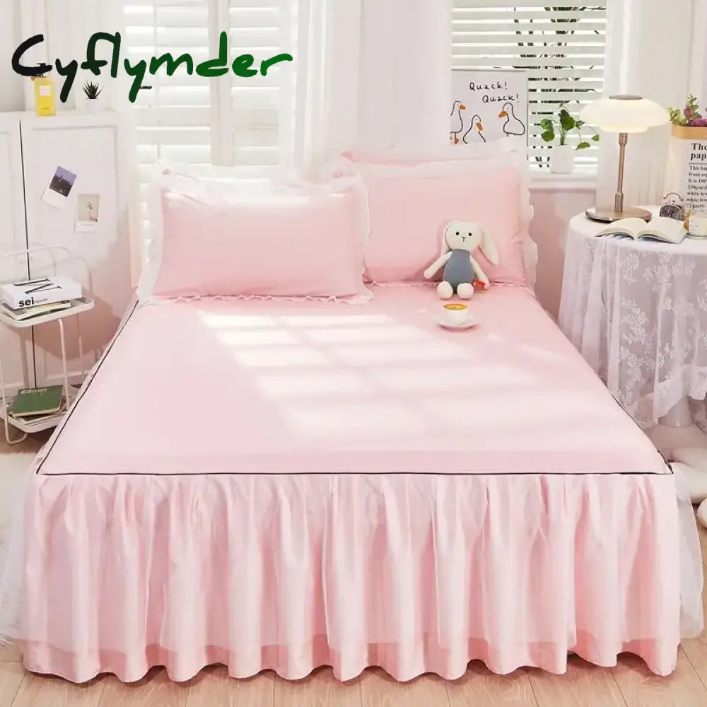 Cyflymder 1pcs Princess Bed Skirt Ruffled Lace Bed Skirt Non-slip Mattress Cover Solid Color Bedsheet Protector