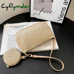 Cyflymder 2 Pcs/Set Straw Rattan Woven Shoulder Bag Fashion Travel Clutch Handbag Summer Beach