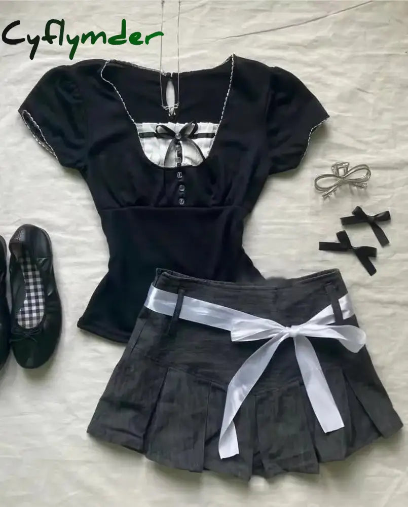 Cyflymder 2000s FemmeKawaii High waist Pleated skirt Y2k Punk Sexy Slim Streetwear Bow Mini Skirts Emo Girl Gothic