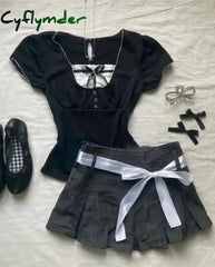 Cyflymder 2000s FemmeKawaii High waist Pleated skirt Y2k Punk Sexy Slim Streetwear Bow Mini Skirts Emo Girl Gothic