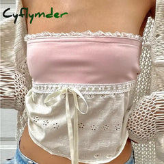 Cyflymder 2000S Retro Cute Lace Trim Strapless Tube Tops Summer Sleeveless Off Shoulder Crop Chic