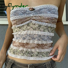 Cyflymder 2000S Retro Cute Lace Trim Strapless Tube Tops Summer Sleeveless Off Shoulder Crop Chic