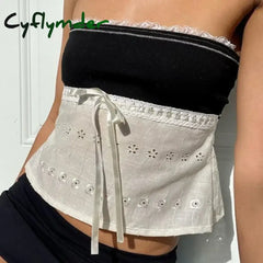 Cyflymder 2000S Retro Cute Lace Trim Strapless Tube Tops Summer Sleeveless Off Shoulder Crop Chic