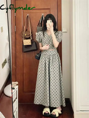 Cyflymder 2024 Girls Summer Blouse Women Suit Shirt Short Sleeves Tops High Waist Long Print A Line