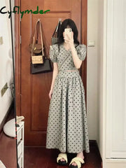 Cyflymder 2024 Girls Summer Blouse Women Suit Shirt Short Sleeves Tops High Waist Long Print A Line