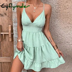 Cyflymder 2024 New Dress Women’s Summer Suspended Beach Style Large Hem Slim Back Hollow Bow