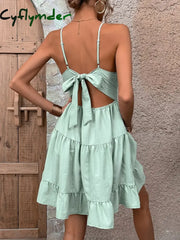 Cyflymder 2024 New Dress Women’s Summer Suspended Beach Style Large Hem Slim Back Hollow Bow