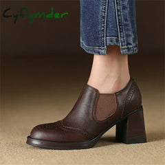 Cyflymder 2024 New Spring Genuine Leather Women Shoes Round Toe Pumps Brogue Designs For High Heel