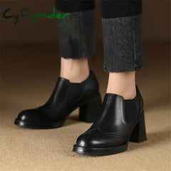 Cyflymder 2024 New Spring Genuine Leather Women Shoes Round Toe Pumps Brogue Designs For High Heel
