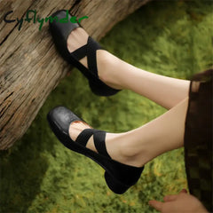 Cyflymder 2024 New Spring Sheepskin Women Shoes Round Toe Low Heel Pumps Mary Jane For Shallow