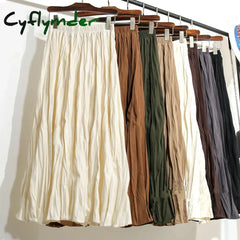 2024 New Vintage Solid Women's Pleated Mi-long Skirts Spring Summer High Waist Korean Casual Umbrella Skirts Female