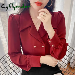 Cyflymder 2024 Spring Elegant Blouses Sexy Fashion Double Breasted Long Sleeve V Neck Vintage Shirt