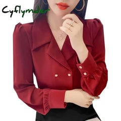Cyflymder 2024 Spring Elegant Blouses Sexy Fashion Double Breasted Long Sleeve V Neck Vintage Shirt