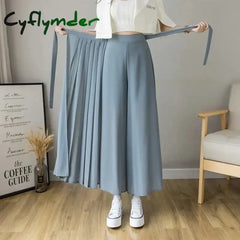 2024 Spring Summer New Style Korean Women Pleated Chiffon Trousers High Waist Pants Female Hakama Casual Wide Leg Pantalones