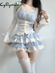 2024 Summer Kawaii Lolita Suit Japanese Style Slim Lace Tops + Bodycon Y2k Mini Skirt Fashion Cake Skirt Girls Party 2 Piece Set
