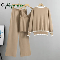 Cyflymder 2025 New Fashion 3 Piece Set Women Sexy Vest + Long Sleeve Zipper Cardigan + Elastic Waist Pants Women’s