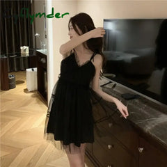 Cyflymder 2025 Summer New V-neck Mesh Black Dresses Y2k E-Girl Slim Waist Camisole Dress for Women Fashion Sexy