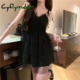 Cyflymder 2025 Summer New V-neck Mesh Black Dresses Y2k E-Girl Slim Waist Camisole Dress for Women Fashion Sexy