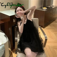 Cyflymder 2025 Summer New V-neck Mesh Black Dresses Y2k E-Girl Slim Waist Camisole Dress for Women Fashion Sexy