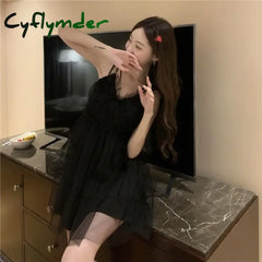 Cyflymder 2025 Summer New V-neck Mesh Black Dresses Y2k E-Girl Slim Waist Camisole Dress for Women Fashion Sexy