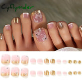 Cyflymder 24/100/120Pcs Press On Toe Nails for Women French Tip Fake Toenail with Gold Glitter Rhinestone Design Full