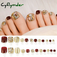 Cyflymder 24/100/120Pcs Press On Toe Nails for Women French Tip Fake Toenail with Gold Glitter Rhinestone Design Full