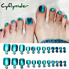 Cyflymder 24/100/120Pcs Press On Toe Nails for Women French Tip Fake Toenail with Gold Glitter Rhinestone Design Full