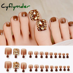 Cyflymder 24/100/120Pcs Press On Toe Nails for Women French Tip Fake Toenail with Gold Glitter Rhinestone Design Full