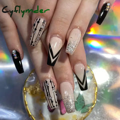 Cyflymder 24 Pcs Glossy Medium Long Ballerina Press On Nails Pink Gradient Fake Nails Artificial Reusable False Nails